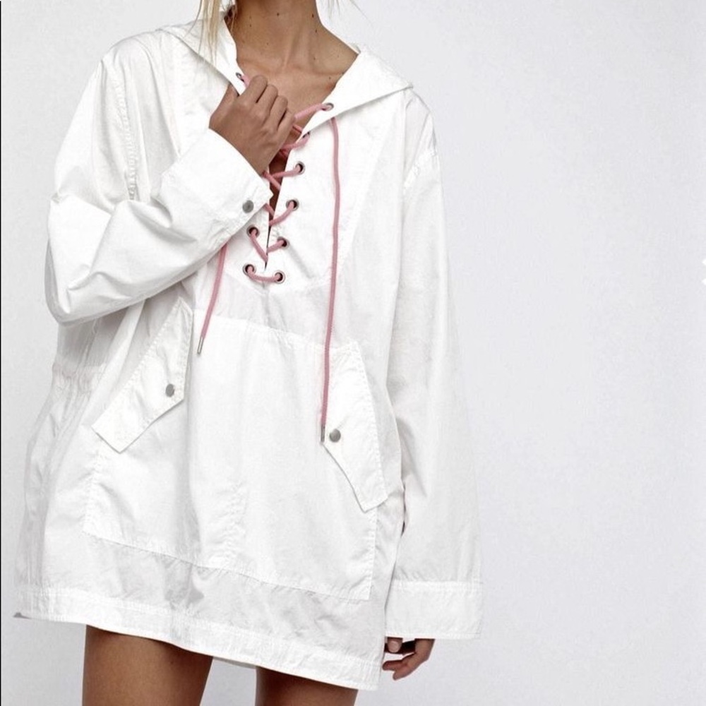 Free People White/Pink Lace Up Poplin Jacket, NWT